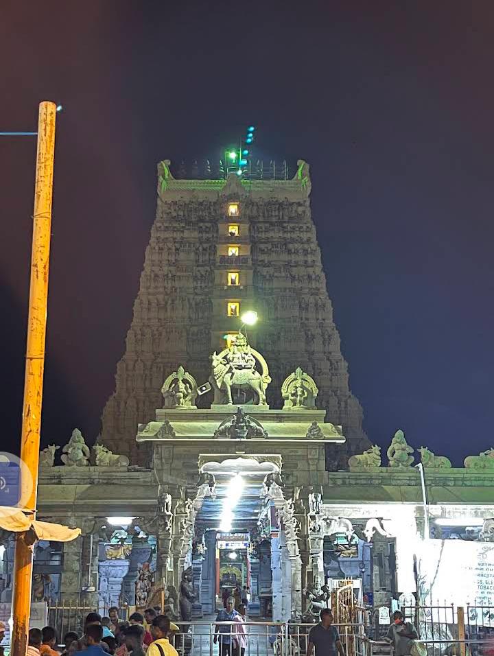 Sri Ramanathaswamy Temple gopuram illuminated at night